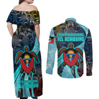 Antigua and Barbuda Sea Turtle Couples Matching Off Shoulder Maxi Dress and Long Sleeve Button Shirt with Tribal Mandala Design with Ocean Waves and National Flag - Wonder Print Shop