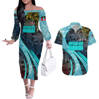 Antigua and Barbuda Sea Turtle Couples Matching Off The Shoulder Long Sleeve Dress and Hawaiian Shirt with Tribal Mandala Design with Ocean Waves and National Flag - Wonder Print Shop