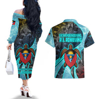 Antigua and Barbuda Sea Turtle Couples Matching Off The Shoulder Long Sleeve Dress and Hawaiian Shirt with Tribal Mandala Design with Ocean Waves and National Flag - Wonder Print Shop