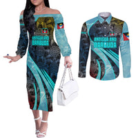 Antigua and Barbuda Sea Turtle Couples Matching Off The Shoulder Long Sleeve Dress and Long Sleeve Button Shirt with Tribal Mandala Design with Ocean Waves and National Flag - Wonder Print Shop