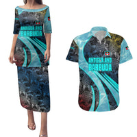 Antigua and Barbuda Sea Turtle Couples Matching Puletasi and Hawaiian Shirt with Tribal Mandala Design with Ocean Waves and National Flag - Wonder Print Shop