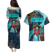 Antigua and Barbuda Sea Turtle Couples Matching Puletasi and Hawaiian Shirt with Tribal Mandala Design with Ocean Waves and National Flag - Wonder Print Shop