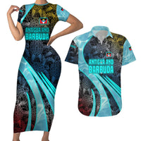 Antigua and Barbuda Sea Turtle Couples Matching Short Sleeve Bodycon Dress and Hawaiian Shirt with Tribal Mandala Design with Ocean Waves and National Flag - Wonder Print Shop