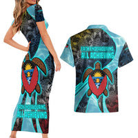 Antigua and Barbuda Sea Turtle Couples Matching Short Sleeve Bodycon Dress and Hawaiian Shirt with Tribal Mandala Design with Ocean Waves and National Flag - Wonder Print Shop