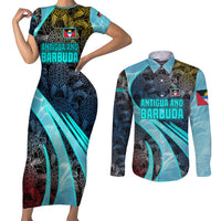 Antigua and Barbuda Sea Turtle Couples Matching Short Sleeve Bodycon Dress and Long Sleeve Button Shirt with Tribal Mandala Design with Ocean Waves and National Flag - Wonder Print Shop