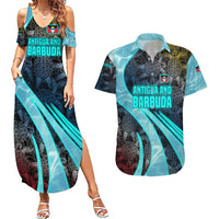 Antigua and Barbuda Sea Turtle Couples Matching Summer Maxi Dress and Hawaiian Shirt with Tribal Mandala Design with Ocean Waves and National Flag - Wonder Print Shop