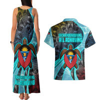 Antigua and Barbuda Sea Turtle Couples Matching Tank Maxi Dress and Hawaiian Shirt with Tribal Mandala Design with Ocean Waves and National Flag - Wonder Print Shop