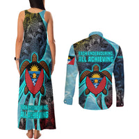 Antigua and Barbuda Sea Turtle Couples Matching Tank Maxi Dress and Long Sleeve Button Shirt with Tribal Mandala Design with Ocean Waves and National Flag - Wonder Print Shop