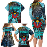 Antigua and Barbuda Sea Turtle Family Matching Long Sleeve Bodycon Dress and Hawaiian Shirt with Tribal Mandala Design with Ocean Waves and National Flag - Wonder Print Shop