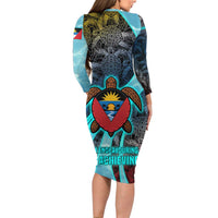 Antigua and Barbuda Sea Turtle Family Matching Long Sleeve Bodycon Dress and Hawaiian Shirt with Tribal Mandala Design with Ocean Waves and National Flag - Wonder Print Shop