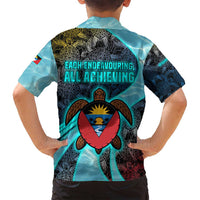 Antigua and Barbuda Sea Turtle Family Matching Off Shoulder Maxi Dress and Hawaiian Shirt with Tribal Mandala Design with Ocean Waves and National Flag - Wonder Print Shop