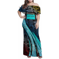 Antigua and Barbuda Sea Turtle Family Matching Off Shoulder Maxi Dress and Hawaiian Shirt with Tribal Mandala Design with Ocean Waves and National Flag - Wonder Print Shop