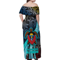 Antigua and Barbuda Sea Turtle Family Matching Off Shoulder Maxi Dress and Hawaiian Shirt with Tribal Mandala Design with Ocean Waves and National Flag - Wonder Print Shop