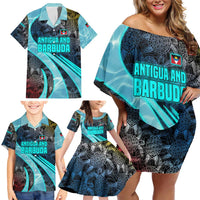 Antigua and Barbuda Sea Turtle Family Matching Off Shoulder Short Dress and Hawaiian Shirt with Tribal Mandala Design with Ocean Waves and National Flag - Wonder Print Shop
