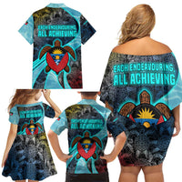 Antigua and Barbuda Sea Turtle Family Matching Off Shoulder Short Dress and Hawaiian Shirt with Tribal Mandala Design with Ocean Waves and National Flag - Wonder Print Shop
