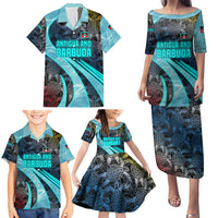 Antigua and Barbuda Sea Turtle Family Matching Puletasi and Hawaiian Shirt with Tribal Mandala Design with Ocean Waves and National Flag - Wonder Print Shop