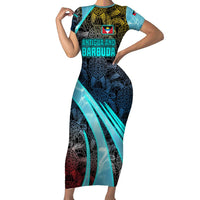 Antigua and Barbuda Sea Turtle Family Matching Short Sleeve Bodycon Dress and Hawaiian Shirt with Tribal Mandala Design with Ocean Waves and National Flag - Wonder Print Shop