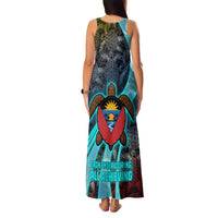 Antigua and Barbuda Sea Turtle Family Matching Tank Maxi Dress and Hawaiian Shirt with Tribal Mandala Design with Ocean Waves and National Flag - Wonder Print Shop