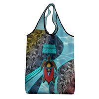 Antigua and Barbuda Sea Turtle Grocery Bag with Tribal Mandala Design with Ocean Waves and National Flag - Wonder Print Shop