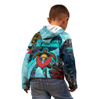 Antigua and Barbuda Sea Turtle Kid Hoodie with Tribal Mandala Design with Ocean Waves and National Flag - Wonder Print Shop