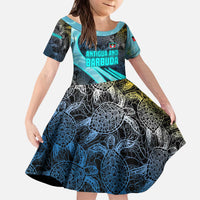 Antigua and Barbuda Sea Turtle Kid Short Sleeve Dress with Tribal Mandala Design with Ocean Waves and National Flag - Wonder Print Shop