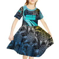 Antigua and Barbuda Sea Turtle Kid Short Sleeve Dress with Tribal Mandala Design with Ocean Waves and National Flag - Wonder Print Shop