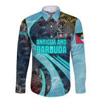 Antigua and Barbuda Sea Turtle Long Sleeve Button Shirt with Tribal Mandala Design with Ocean Waves and National Flag - Wonder Print Shop
