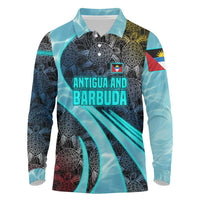 Antigua and Barbuda Sea Turtle Long Sleeve Polo Shirt with Tribal Mandala Design with Ocean Waves and National Flag - Wonder Print Shop