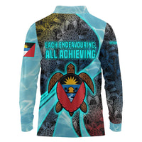 Antigua and Barbuda Sea Turtle Long Sleeve Polo Shirt with Tribal Mandala Design with Ocean Waves and National Flag - Wonder Print Shop