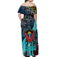 Antigua and Barbuda Sea Turtle Off Shoulder Maxi Dress with Tribal Mandala Design with Ocean Waves and National Flag - Wonder Print Shop