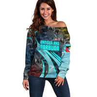 Antigua and Barbuda Sea Turtle Off Shoulder Sweater with Tribal Mandala Design with Ocean Waves and National Flag - Wonder Print Shop