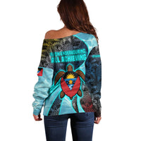 Antigua and Barbuda Sea Turtle Off Shoulder Sweater with Tribal Mandala Design with Ocean Waves and National Flag - Wonder Print Shop
