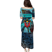 Antigua and Barbuda Sea Turtle Puletasi with Tribal Mandala Design with Ocean Waves and National Flag - Wonder Print Shop