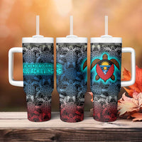 Antigua and Barbuda Sea Turtle Tumbler With Handle with Tribal Mandala Design with Ocean Waves and National Flag - Wonder Print Shop