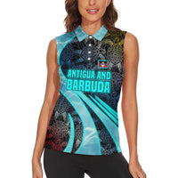 Antigua and Barbuda Sea Turtle Women Sleeveless Polo Shirt with Tribal Mandala Design with Ocean Waves and National Flag - Wonder Print Shop