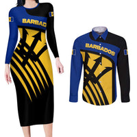 Barbados Flag and Coat of Arms Couples Matching Long Sleeve Bodycon Dress and Long Sleeve Button Shirt Blue Yellow Black Design with National Symbols - Wonder Print Shop
