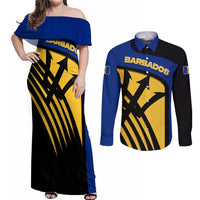 Barbados Flag and Coat of Arms Couples Matching Off Shoulder Maxi Dress and Long Sleeve Button Shirt Blue Yellow Black Design with National Symbols - Wonder Print Shop