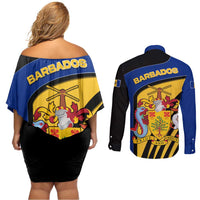 Barbados Flag and Coat of Arms Couples Matching Off Shoulder Short Dress and Long Sleeve Button Shirt Blue Yellow Black Design with National Symbols - Wonder Print Shop