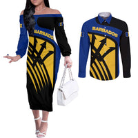 Barbados Flag and Coat of Arms Couples Matching Off The Shoulder Long Sleeve Dress and Long Sleeve Button Shirt Blue Yellow Black Design with National Symbols - Wonder Print Shop
