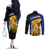 Barbados Flag and Coat of Arms Couples Matching Off The Shoulder Long Sleeve Dress and Long Sleeve Button Shirt Blue Yellow Black Design with National Symbols - Wonder Print Shop