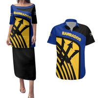 Barbados Flag and Coat of Arms Couples Matching Puletasi and Hawaiian Shirt Blue Yellow Black Design with National Symbols - Wonder Print Shop