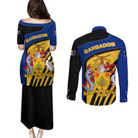 Barbados Flag and Coat of Arms Couples Matching Puletasi and Long Sleeve Button Shirt Blue Yellow Black Design with National Symbols - Wonder Print Shop