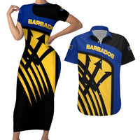 Barbados Flag and Coat of Arms Couples Matching Short Sleeve Bodycon Dress and Hawaiian Shirt Blue Yellow Black Design with National Symbols - Wonder Print Shop