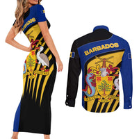 Barbados Flag and Coat of Arms Couples Matching Short Sleeve Bodycon Dress and Long Sleeve Button Shirt Blue Yellow Black Design with National Symbols - Wonder Print Shop