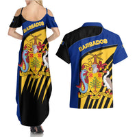 Barbados Flag and Coat of Arms Couples Matching Summer Maxi Dress and Hawaiian Shirt Blue Yellow Black Design with National Symbols - Wonder Print Shop