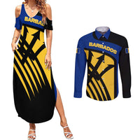 Barbados Flag and Coat of Arms Couples Matching Summer Maxi Dress and Long Sleeve Button Shirt Blue Yellow Black Design with National Symbols - Wonder Print Shop