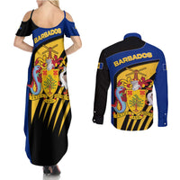 Barbados Flag and Coat of Arms Couples Matching Summer Maxi Dress and Long Sleeve Button Shirt Blue Yellow Black Design with National Symbols - Wonder Print Shop