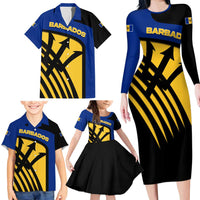 Barbados Flag and Coat of Arms Family Matching Long Sleeve Bodycon Dress and Hawaiian Shirt Blue Yellow Black Design with National Symbols - Wonder Print Shop