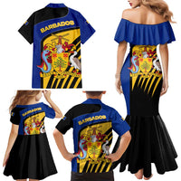 Barbados Flag and Coat of Arms Family Matching Mermaid Dress and Hawaiian Shirt Blue Yellow Black Design with National Symbols - Wonder Print Shop