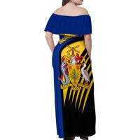 Barbados Flag and Coat of Arms Family Matching Off Shoulder Maxi Dress and Hawaiian Shirt Blue Yellow Black Design with National Symbols - Wonder Print Shop